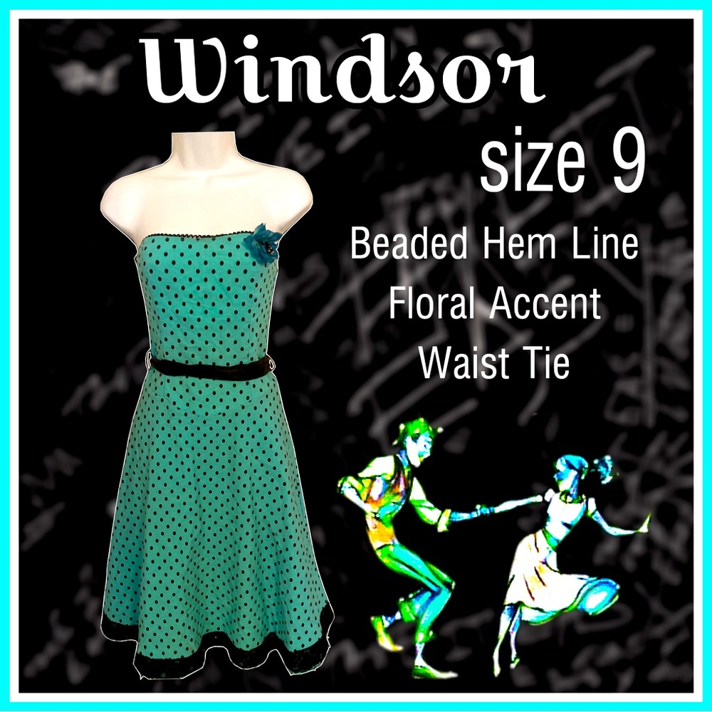 classic WINDSOR teal and black polka dotted swing dance style DRESS size 9